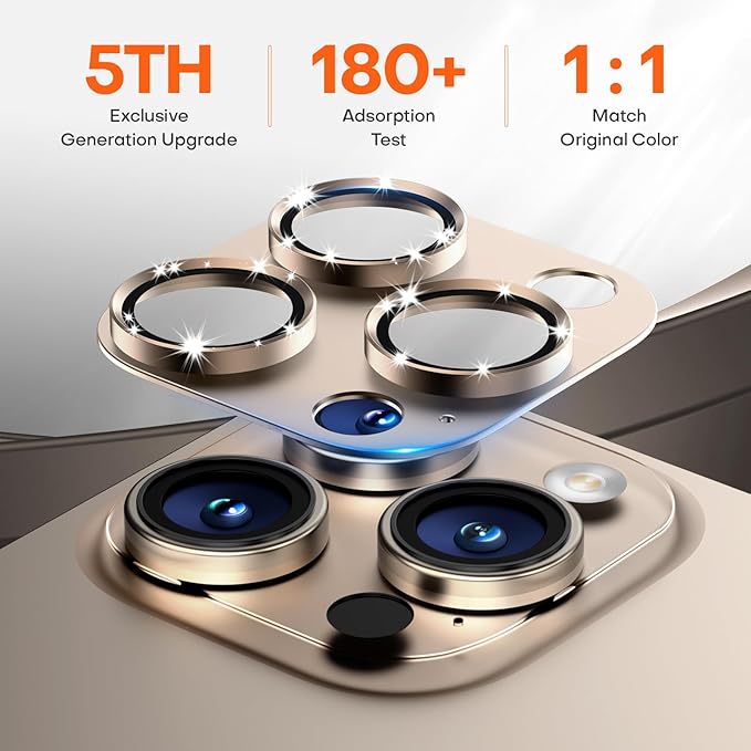 Camera Lens Protector for iPhone 16 Pro Max/16 Pro/15 Pro Max/15 Pro/14 Pro Max/14 Pro, Aluminum Alloy Sapphire Glass Camera Screen Cover, Case Friendly- Desert Titanium