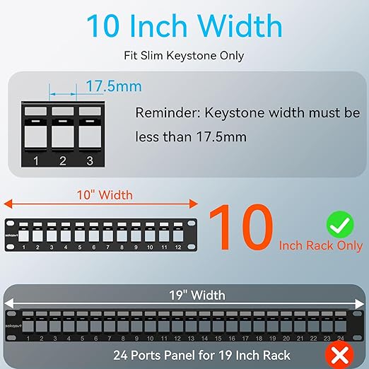 12 Port Mini Blank Keystone Patch Panel With Snap-in Design (4 Pack), Cat6 Network 1U 10 Inch Rack Mount Ethernet (for Slim Keystone Only)
