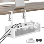 DELAMU Under Desk Cable Management Tray, No Drill Metal Mesh Cable Management Under Desk with F-Clamp Mount & 2 Open Holes, Cord Organizer for Home Office, 1 Pack, White