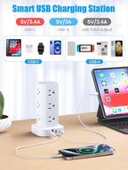 Flat Plug Power Strip Tower Surge Protector, 10FT Flat Extension Cord with Multiple Outlets, 12 AC Outlets, 4 USB Ports (2 USB C) Charging Station for Office Home Dorm Room Travel (White)