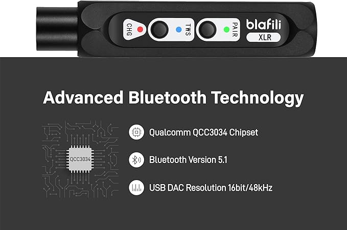 XLR Portable Bluetooth v5.1 Music Receiver, aptX HD aptX Low Latency AAC SBC TWS, Rechargeable Battery 10hrs Long Playtime, USB-C DAC for Mixing Console Desk, Audio Mixer, PA DJ System