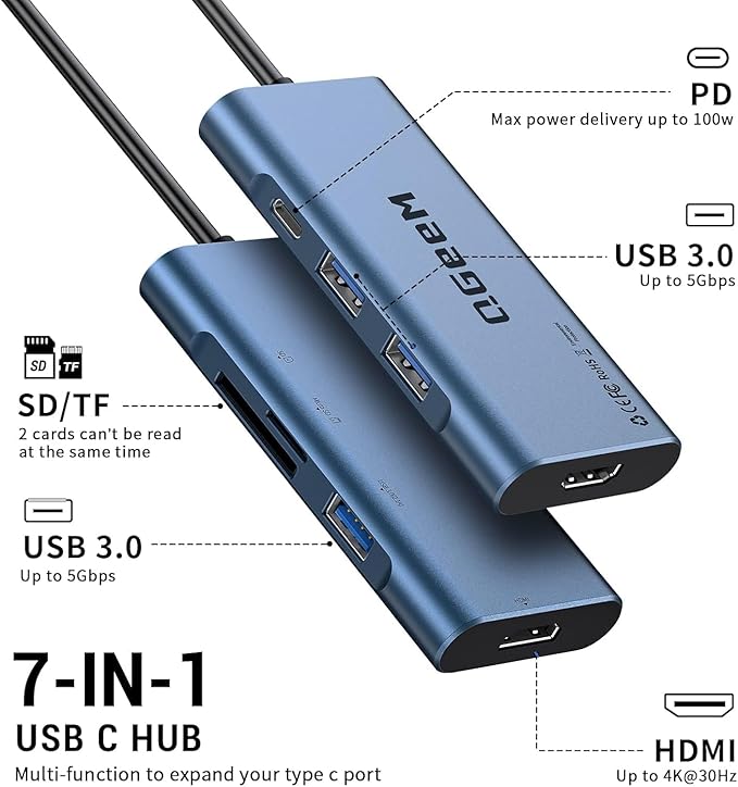 USB C Hub, QGeeM USB 4k to HDMI Adapter, 7 in 1 USB-C Dongle with 100W PD,USB 3.0, Card Reader, Compatible for MacBook iPhone 15/16 Ipad Pro max,Chromebook Laptop USB Type C Dock-Blue