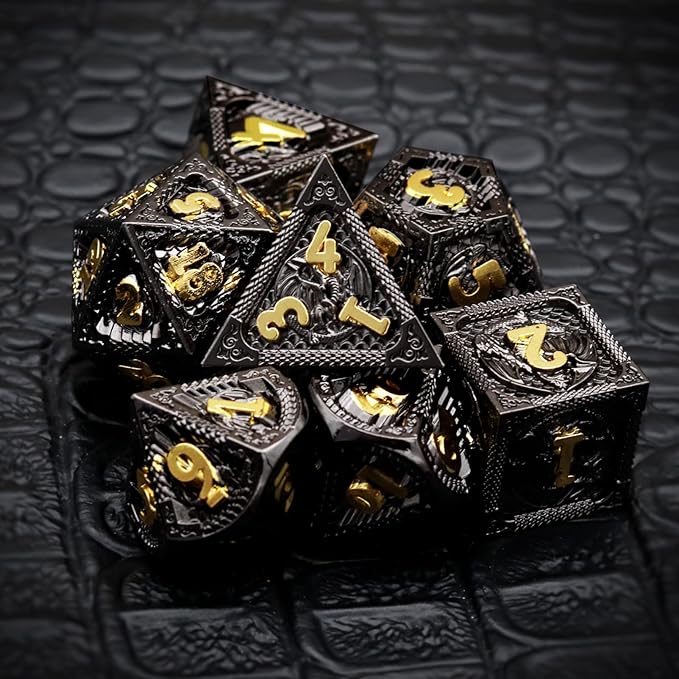 Haxtec Metal DND Dice Set Black Gold Metal D&D Dice with Fire-Breathing Dragon Elements & Leather Dice Bag Polyhedral Dice Compatible with Dungeons and Dragons TTRPG Gifts