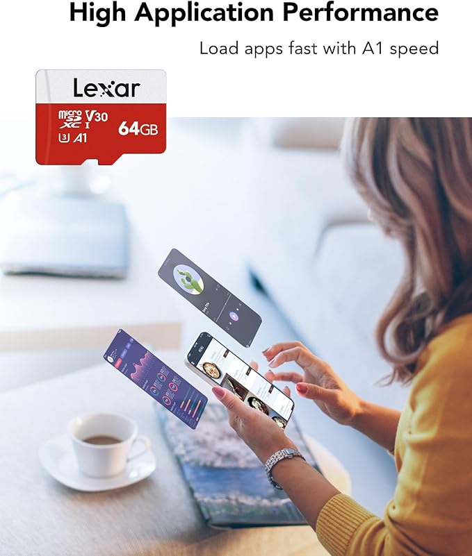 Lexar E-Series 64GB Micro SD Card 3 Pack, microSDXC UHS-I Flash Memory Card with Adapter, 100MB/s, C10, U3, A1, V30, Full HD, 4K UHD, High Speed TF Card