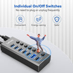 Powered USB Hub 3.0, Leinsis 7-Port USB 3.0 Hub [Durable Aluminum] 7 Data Transfer Ports+ 4 Smart Charging Ports with Individual On/Off Switches, USB Hub 3.0 Powered with Power Adapter for Laptop PC