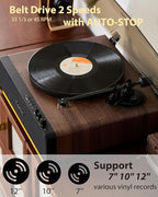 Vinyl Record Player, High Fidelity Belt Drive Turntable for Vinyl Records 33/45 RPM with MM Cartridge AT-3600L, Phono Preamp, Bluetooth Record Player with LED Light, Auto Off (Walunt Wood)