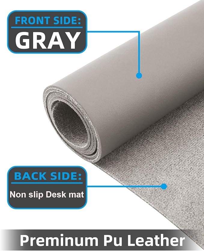 Leather Desk Pad & Protector, Large Mouse Pad & Blotter, Non-Slip PU Leather Desk Cover Mat, Light Grey, 48" x 17"