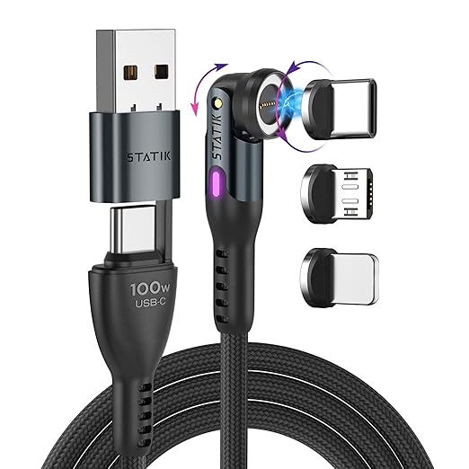 Statik 360 Pro Magnetic Charging Cable - Type C Charger Fast Charging 3 in 1 USB C to USB C Cable, Micro USB & iProduct Tips, USB A Adapter, Fits All Devices - 100W Fast Charger, Black 6FT/2M
