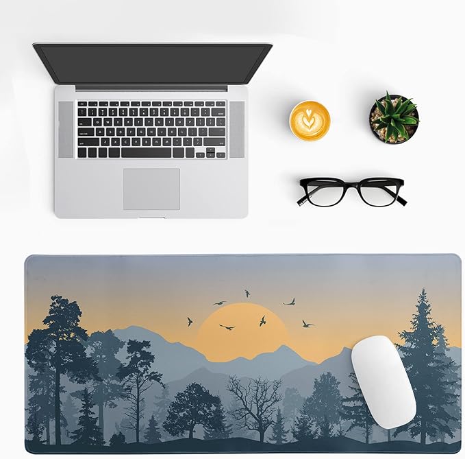 Mountain Gaming Mouse Pad 31.5x11.8 Inch Forest Large Mousepad Extended Grey Mousepad Gaming Non-Slip Rubber Base Stitched Edges Keyboard Mouse Mat Desk Pad for Office Home and Game