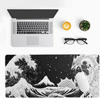 Black and White Japanese Wave Dragon Gaming Mouse Pad - Abstract Mat with Non-Slip Rubber Base, 31.5x11.8 Inch, Stitched Edges - Desk Pad for Office and Home