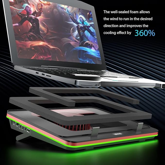 GT500 Powerful Turbo-Fan (5000 RPM) RGB Laptop Cooling Pad with Infinitely Variable Speed,Seal Foam for Rapid Cooling Gaming Laptop,Dust Filter for Protect Laptop,13-17.3inch Laptop Cooler