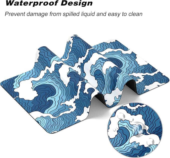 Extended Gaming Mouse Pad, Japanese Blue White Wave Mousepad, XL Large Mouse Mat Desk Pad 30 x 14 Inch, Waterproof Anime Mouse Pad with Stitched Edges and Non-Slip Base for Office Gaming