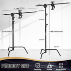 LOMTAP C Stand Light Stand Stainless Metal Photography Kit - Heavy Duty 6.8ft/210cm Vertical Pole, 2.8ft/87cm Boom Arm, Adjustable Base, Water Sandbag, 2 Grip Heads, 3 Clips for Softbox, Reflector