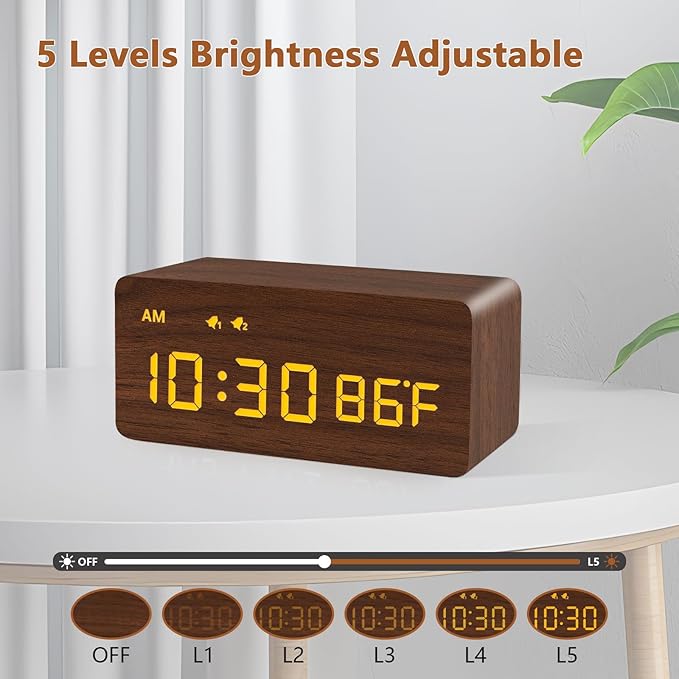 MOSITO Digital Wooden Alarm Clock with Wireless Charging, 0-100% Dimmer, Dual Alarm, Weekday/Weekend Mode, Snooze, Wood LED Clocks for Bedroom, Bedside, Desk, Kids (Brown)