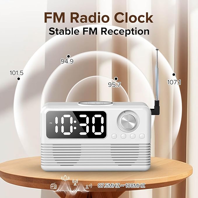 15W Fast Wireless Charger with Bluetooth Speaker and Alarm Clock Radio,4 in1 Wireless Charging Station for iPhone,Android Phones with FM Radio for Bedroom