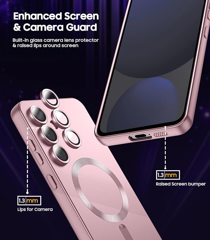Magnetic for Samsung Galaxy S24 FE Case [Compatible with MagSafe][Built-in Camera Lens Protector] Slim Soft Silicone Bumper Shockproof Metallic Luster Phone Cover (Rose Gold)