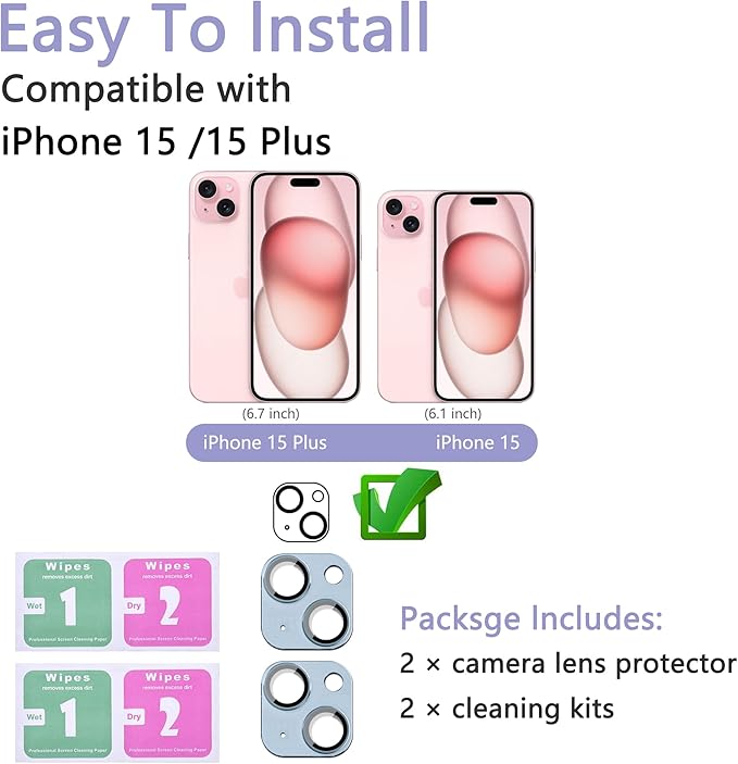 2 Pack Camera Lens Protector for iPhone 15 / iPhone 15 Plus,[Not Easy to Breakn ] AR Tempered Glass Strong Adsorption Metal Camera Cover Screen-Light blue