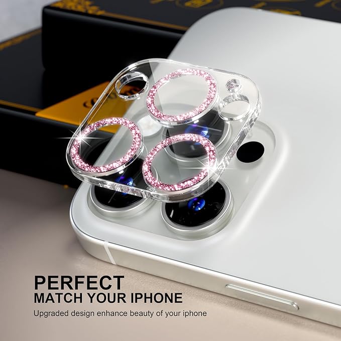 beuxece for 6 Pack iPhone 16 Pro/iPhone 16 Pro Max Camera Lens Protector [Drop Protection] [Case Friendly] [Easy Installation] 9H Tempered Glass Camera Screen Protector Cover, Glitter Pink