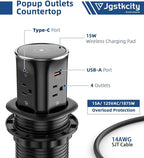Jgstkcity Pop Up Countertop Outlet with 15W Wireless Charger,20W USB C Ports,Flush Mount Tamper Resistant,Recessed Grommet Receptacle,4 USB 4 Outlets,15A,1875W,ETL Listed,3.15in Hole,Black