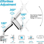 AVLT Single 17"-49" Super Ultrawide Monitor Arm for Screens Up to 50 lbs, Premium Aluminum Desk Stand, Adjustable Pneumatic Height, Full Motion Swivel Tilt Rotation, USB 3.0 & AUX Ports, White