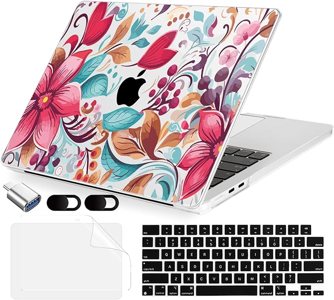 Compatible with MacBook Air 13.6 inch Case, M4 A3240/M3 A3113/M2 A2681 (Released 2025 to 2022), Hard Shell, Keyboard Cover, Screen Protector, Webcam Cover & Type-C Adapter, Geometric Flowers