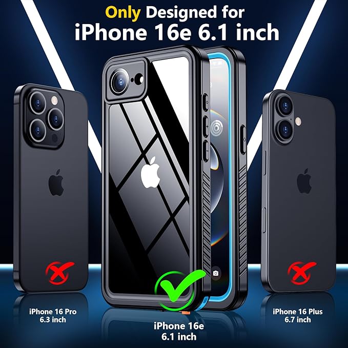 SPIDERCASE for iPhone 16e Case Waterproof,Built-in Screen & Camera Lens Protector[IP68 Underwater] [Military Grade Shockproof] Cell Phone Home Button Stickers, Blue/Clear