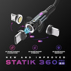 Statik 360 Pro Magnetic Charging Cable - Type C Charger Fast Charging 3 in 1 USB C to USB C Cable, Micro USB & iProduct Tips, USB A Adapter, Fits All Devices - 100W Fast Charger, Black 6FT/2M