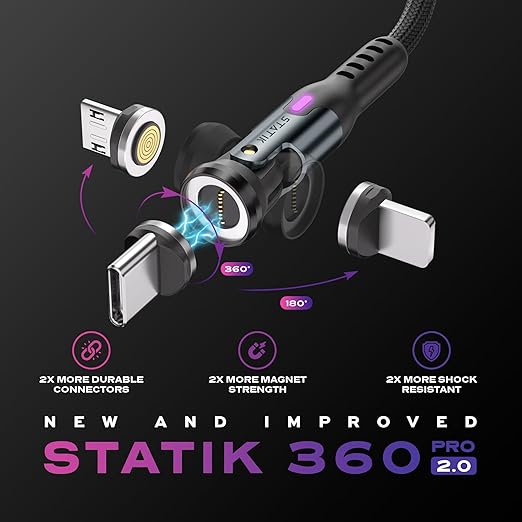 Statik 360 Pro Magnetic Charging Cable - Type C Charger Fast Charging 3 in 1 USB C to USB C Cable, Micro USB & iProduct Tips, USB A Adapter, Fits All Devices - 100W Fast Charger, Black 6FT/2M