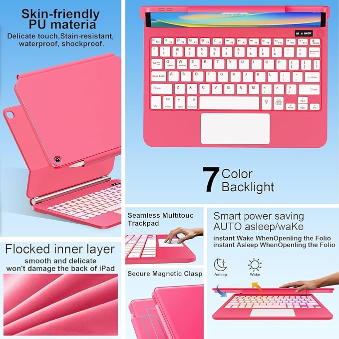 for iPad 9th Generation Case with Keyboard,Magic Style Keyboard Case for iPad 9th/8th/7th Gen 10.2 inch - Floating Cantilever Magnetic Stand Multi-Touch Trackpad (Rose Red)