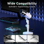 EJoy D10 PRO(D) Wireless USB Gaming Microphone – RGB Dynamic Mic with Wired/Wireless Modes, XLR/USB-C, Real-Time Monitoring, 45H Battery, Studio Mic for Gaming, Streaming, Podcast, Recording (White)