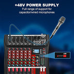 6 Channel Audio Mixer, Professional Music Mixer Board DJ Mixing Console with Bluetooth, USB/MP3 Player, Reverb, and 48V Phantom Power for Studio Recording, Karaoke, and Live Performances