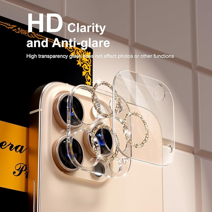 beuxece for 6 Pack iPhone 15 Pro/iPhone 15 Pro Max Camera Lens Protector [Drop Protection] [Case Friendly] [Easy Installation] 9H Tempered Glass Camera Screen Protector Cover, Glitter Gold