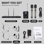 4 Channel Wireless Microphone System UHF 2 Cordless Handheld Mics and 2 Lavalier Headset Mics for Karaoke Church Speaking Conference Meeting Party, 4x25 Adjustable Frequency (2 Handheld + 2 Bodypack)