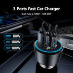 200W Super Fast Car Charger for iPhone 16/15 Pro Max, 3-Port USB C Car Charger Adapter with 2×100W USB C to C Cables, PD3.0/QC4.0, 12V-24V Vehicle Compatible, LED Light & Overheat Protection