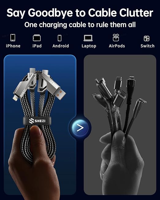 SHEZI [Upgraded 2.0] 4-in-1 USB C Cable 60W 3FT Fast Charging [480Mbps Data Transfer] Flat Nylon Braided Charger Cord Combo, USB A/C to C/L Multi Charge Cable for iPhone/iPad & Most Devices, Grey