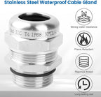 2 Pcs 3/4" NPT Stainless Steel Waterproof Cable Gland, IP68 Waterproof Adjustable Cable Glands, Strain Relief Cord Grip Connectors with Gaskets and Locknut for 13-18mm Cable Diameter