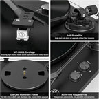 Record Player Wireless Output Turntable Carbon Fiber Tonearm Vinyl Player Aluminium Platter Belt-Drive LP Turn Tables 2 Speed RPM Phono RCA Line Output AT-3600L MM Cartridge Audio Sound Pure Black