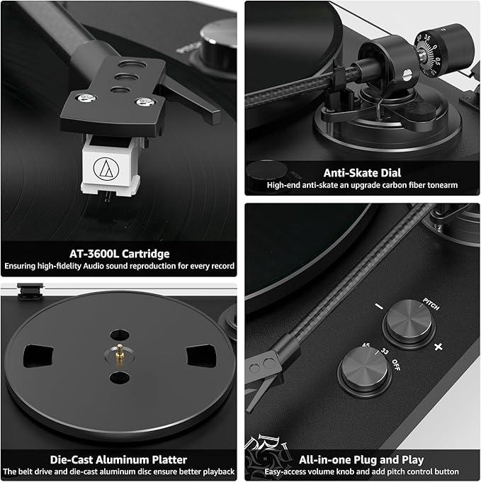 Record Player Wireless Output Turntable Carbon Fiber Tonearm Vinyl Player Aluminium Platter Belt-Drive LP Turn Tables 2 Speed RPM Phono RCA Line Output AT-3600L MM Cartridge Audio Sound Pure Black