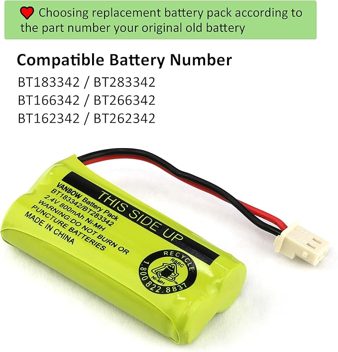 BT183342/BT283342 2.4V 800mAh Ni-MH Battery Pack, Compatible with AT&T VTech Cordless Phone Batteries BT166342/BT266342 BT162342/BT262342 CS6709 CS6609 CS6509 CS6409 EL52100 EL50003 (Pack 2)