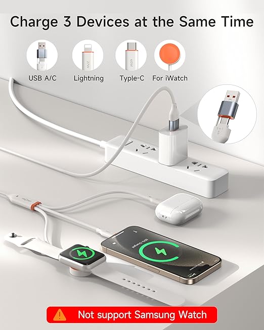 for Apple Watch Charger,3-in-2 Silicone Multi Charging Cable Travel Fast Charger Cord with USB C/Lightning Ports –Tangle-Free for iWatch Ultra/SE/10-1, iPhone 16-12/PS5/Nintendo Switch-4FT