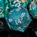 ARUOHHA Liquid Core DND Dice Set, 7pcs Resin Sharp Edged Dragons Dice RPG Role Playing Games, Silver Numbers Blue Dungeons Polyhedral Dice with Gift Box D20 D12 D10 D8 D6 D4