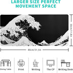 Japanese Sea Wave Large Mouse Pad, Abstract Black Gaming Mousepad, Extended Kanagawa Mat Desk Pad, 3mm Thick Long Non-Slip Rubber Base Mice Pad for Office and Home, 31.5x11.8 Inch