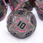 Metal DND Sci-fi Dice Set 7PCS Stripe Polyhedral Dice for Dungeons Dragons RPG Role Playing Game, Glitter D and D Dice with Gift Box D6 D8 D10 D12 D20 (Black&Purple Red)