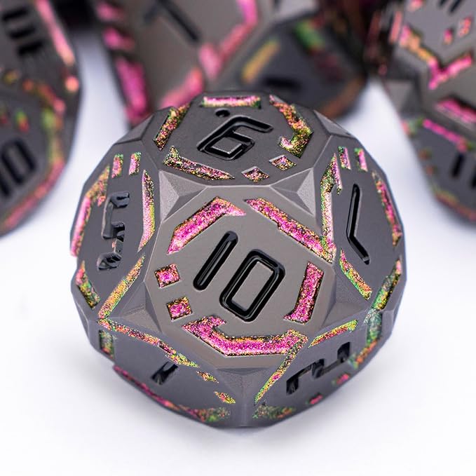 Metal DND Sci-fi Dice Set 7PCS Stripe Polyhedral Dice for Dungeons Dragons RPG Role Playing Game, Glitter D and D Dice with Gift Box D6 D8 D10 D12 D20 (Black&Purple Red)
