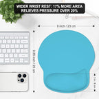 ITNRSIIET Ergonomic Mouse Pad with Wider Memory Foam Wrist Rest +17%, Curved Cushion Reduces Pressure 20%, Pain Relief, Non-Slip, Smooth, Cute Color Desk Accessory, 9.85 x 9 inch, Powder Blue