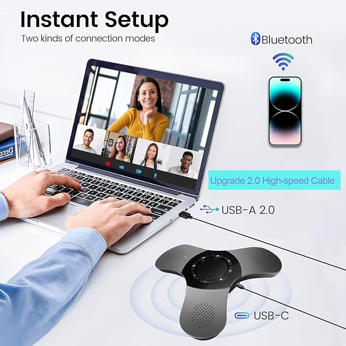 Conference Speaker with Microphone 360°Voice Pickup USB-C Speakerphone Home Office Compatible Skype/Teams/Zoom Noise Cancelling Omnidirectional Meeting Room Bluetooth Speaker with Mic for 10 People