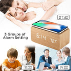 OCT17 Alarm Clock with Qi Wireless Charging Pad Compatible with iPhone Samsung Wood LED Digital Clock Sound Control Function, Time Date, Temperature Display for Bedroom Office Home - Wood