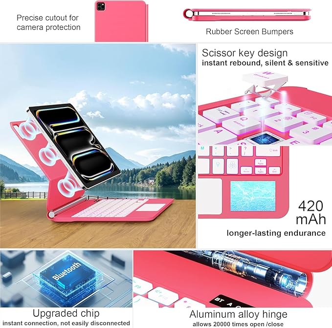 for iPad Pro 13 Inch Case with Keyboard (M4, 2024)，Magic-Style Magnetic – 7 Colors Backlight -Floating Cantilever Stand - Multi-Touch Trackpad Keyboard Case for iPad Pro 13 (Rose Red)