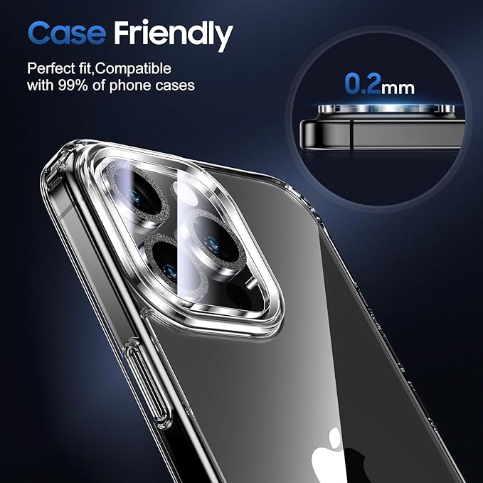 UniqueMe for 3 Pack iPhone 16 Pro/iPhone 16 Pro Max Camera Lens Protector - [Drop Protection] [Case Friendly] 9H Tempered Glass Camera Cover Screen [Update New Version] - Glitter Black