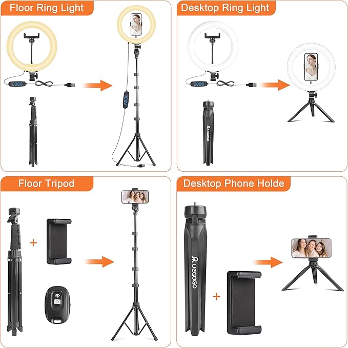 UEGOGO 10'' Ring Light with 72'' Tripod Stand, Dimmable LED Ringlight for Live Stream, Photography, Makeup, Video Recording